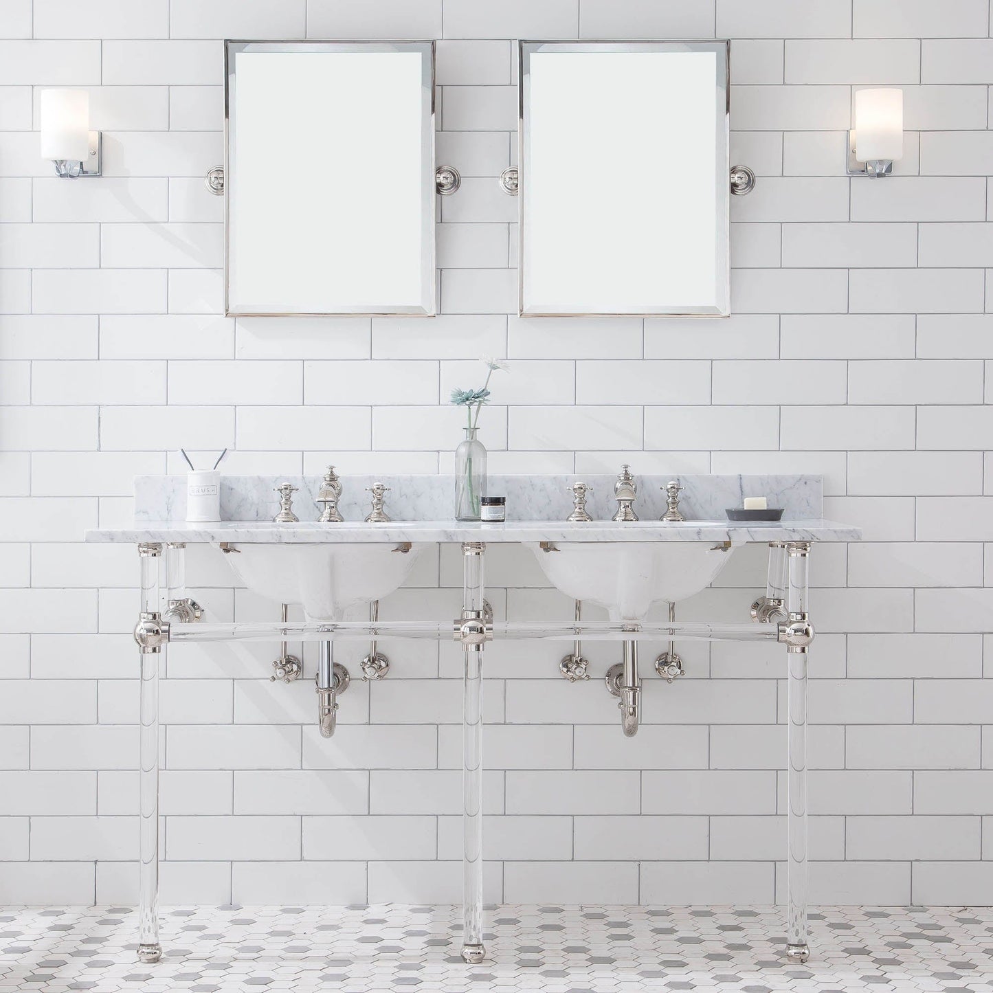 Water Creation EP60E-0513 EMPIRE 60"W x 34"H Double Washstand , P-Trap, Countertop with Sink, F2-0013 Faucet and Mirror included, in Polished Nickel Finish