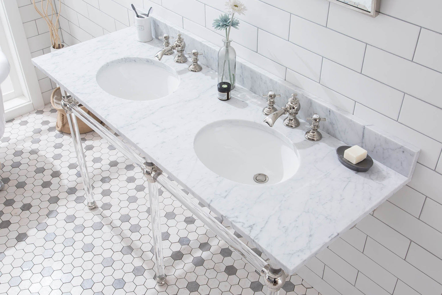 Water Creation EP60E-0513 EMPIRE 60"W x 34"H Double Washstand , P-Trap, Countertop with Sink, F2-0013 Faucet and Mirror included, in Polished Nickel Finish