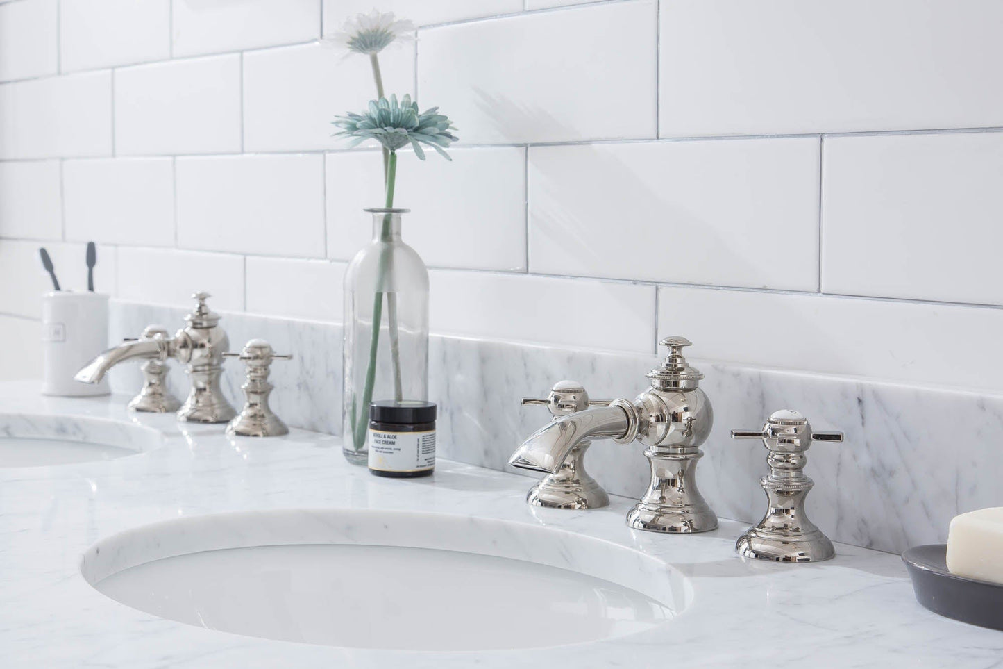 Water Creation EP60E-0513 EMPIRE 60"W x 34"H Double Washstand , P-Trap, Countertop with Sink, F2-0013 Faucet and Mirror included, in Polished Nickel Finish