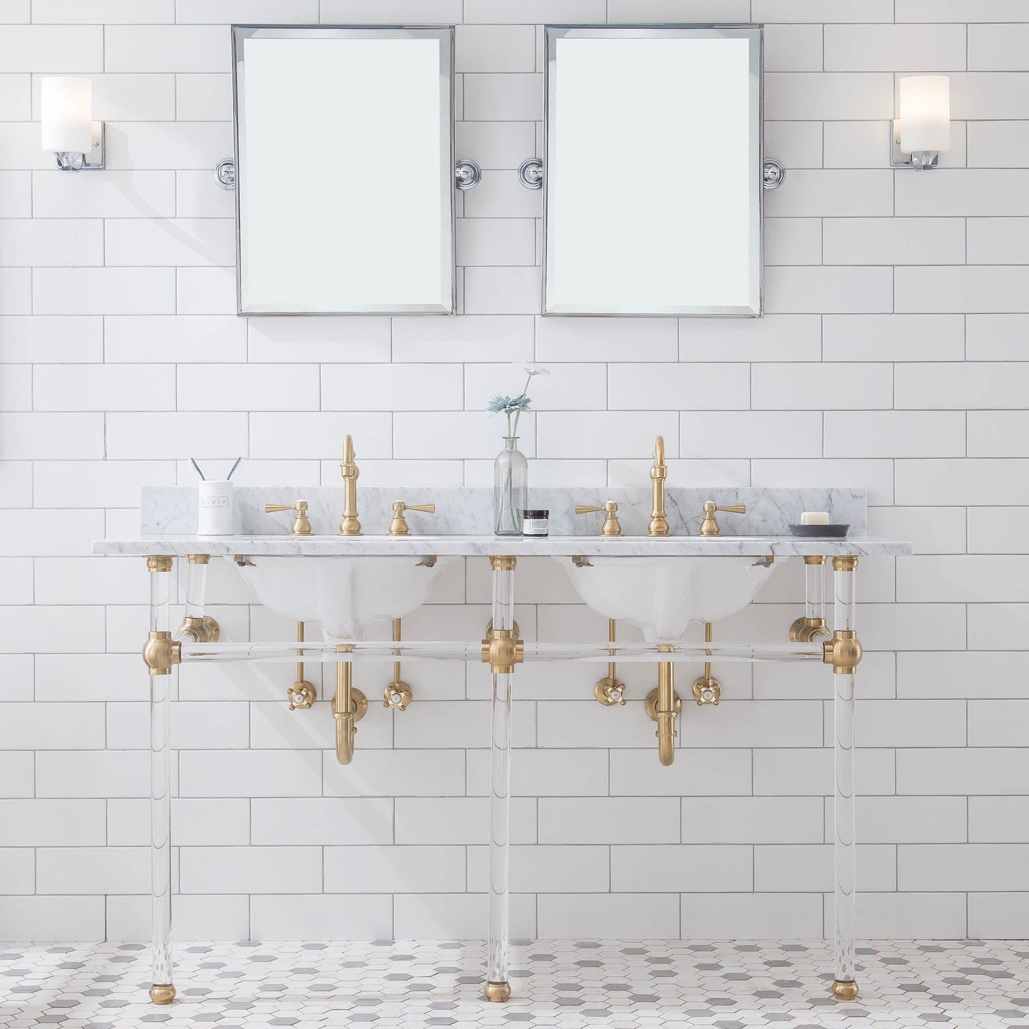Water Creation EP60E-0612 EMPIRE 60"W x 34"H Double Washstand , P-Trap, Countertop with Sink, F2-0012 Faucet and Mirror included, in Satin Gold Finish