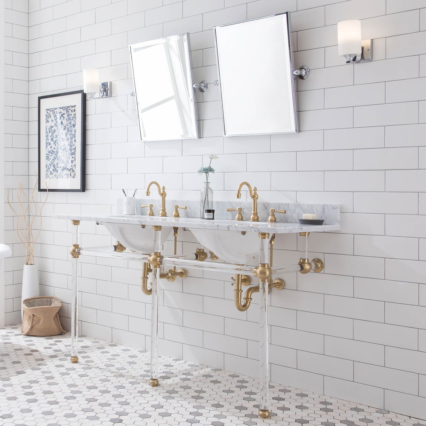 Water Creation EP60E-0612 EMPIRE 60"W x 34"H Double Washstand , P-Trap, Countertop with Sink, F2-0012 Faucet and Mirror included, in Satin Gold Finish