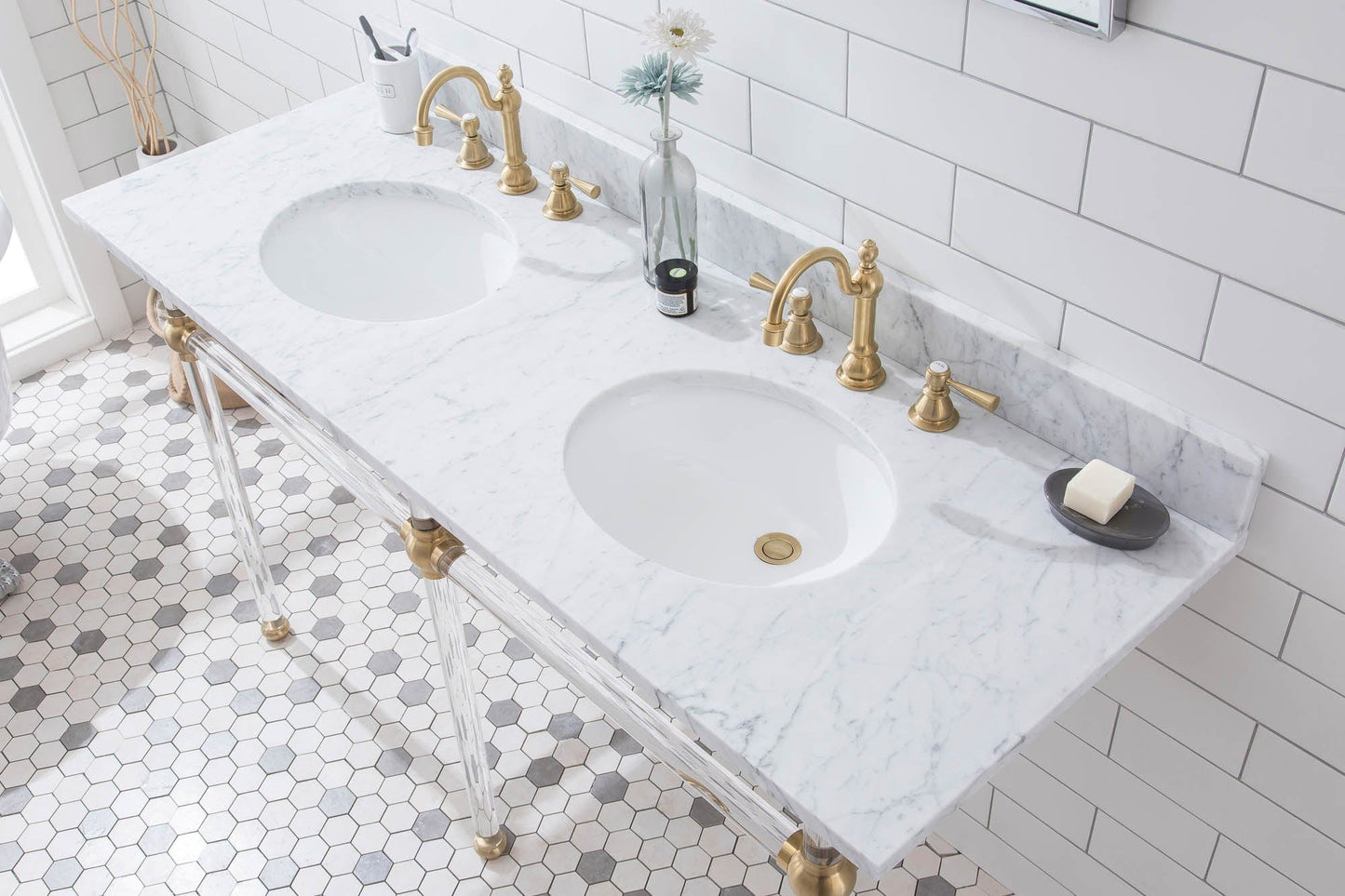 Water Creation EP60E-0612 EMPIRE 60"W x 34"H Double Washstand , P-Trap, Countertop with Sink, F2-0012 Faucet and Mirror included, in Satin Gold Finish