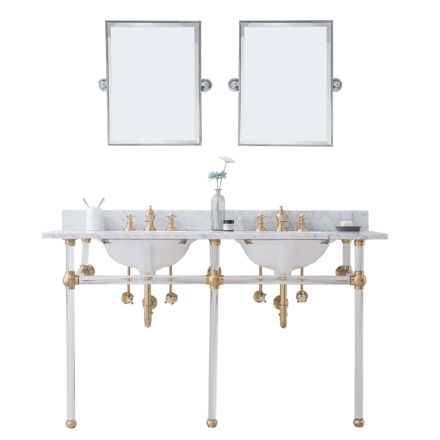 Water Creation EP60E-0613 EMPIRE 60"W x 34"H Double Washstand , P-Trap, Countertop with Sink, F2-0013 Faucet and Mirror included, in Satin Gold Finish