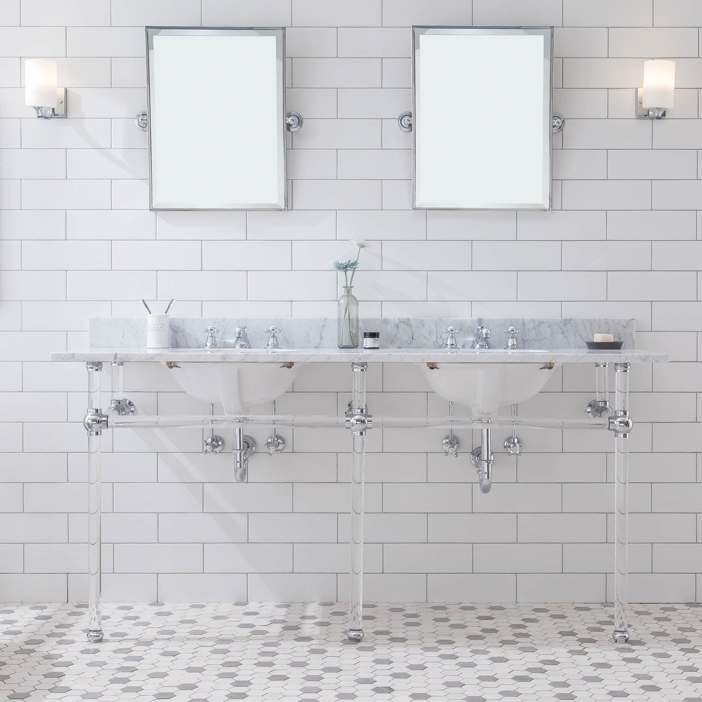 Water Creation EP72E-0109 EMPIRE 72"W x 34"H Double Washstand , P-Trap, Countertop with Sink, F2-0009 Faucet and Mirror included, in Chrome Finish