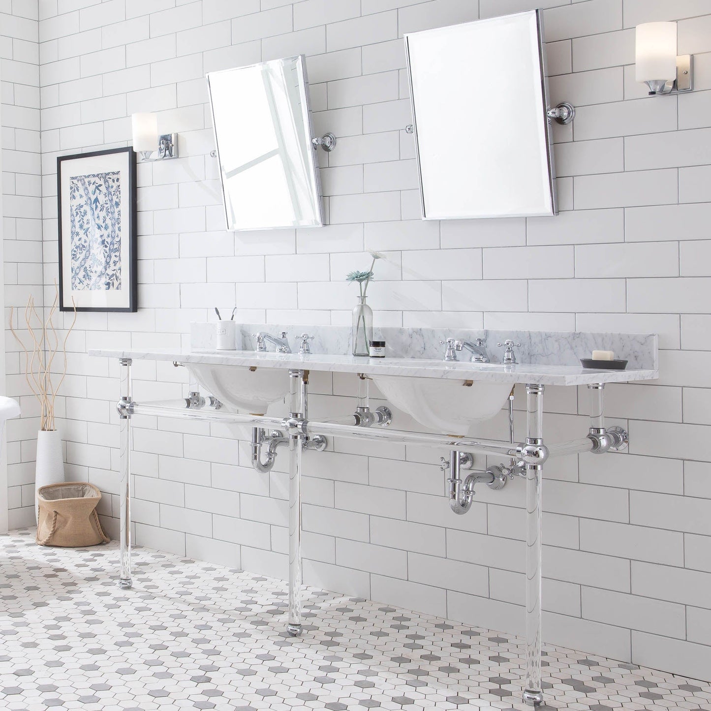 Water Creation EP72E-0109 EMPIRE 72"W x 34"H Double Washstand , P-Trap, Countertop with Sink, F2-0009 Faucet and Mirror included, in Chrome Finish