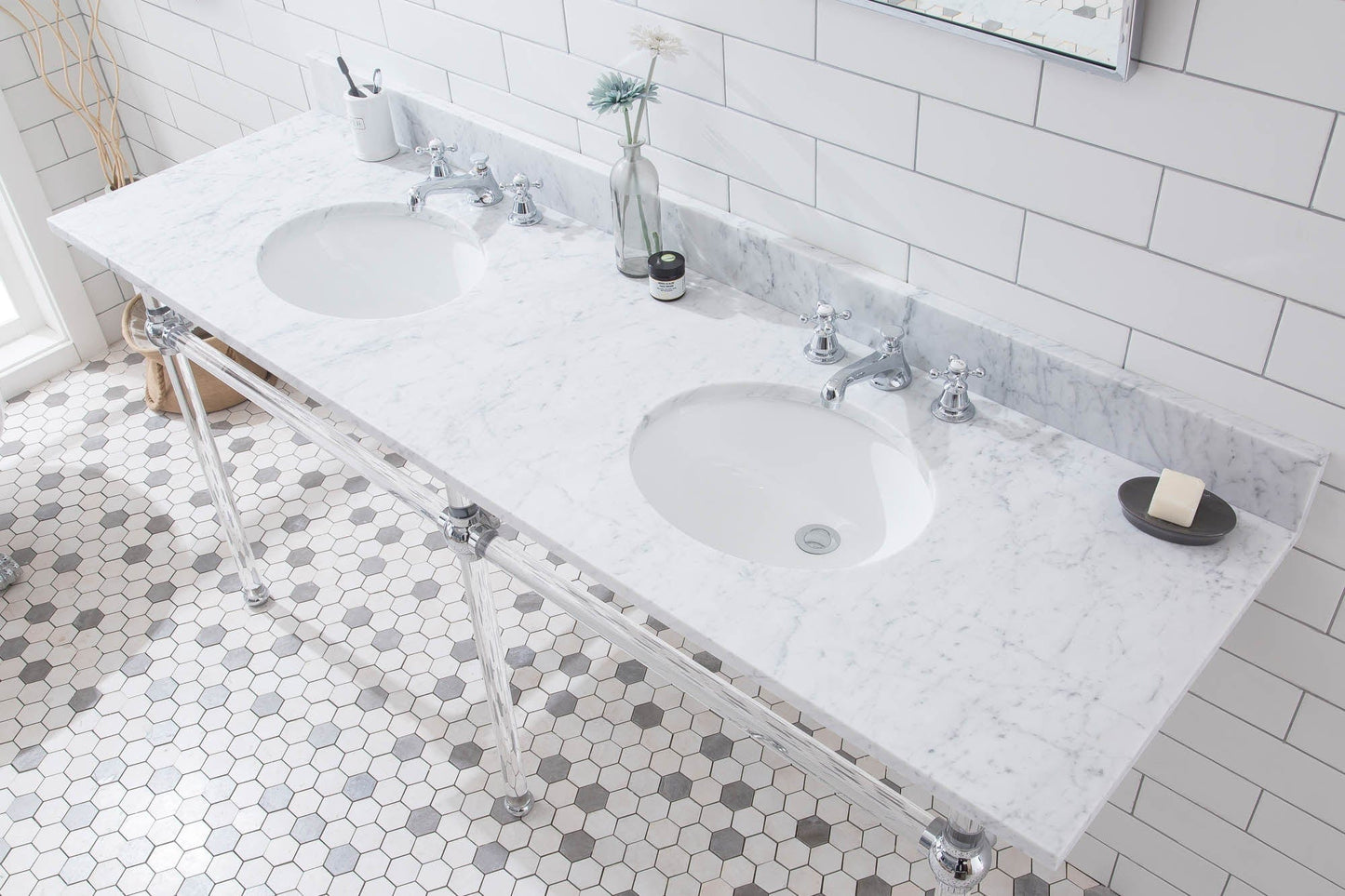 Water Creation EP72E-0109 EMPIRE 72"W x 34"H Double Washstand , P-Trap, Countertop with Sink, F2-0009 Faucet and Mirror included, in Chrome Finish