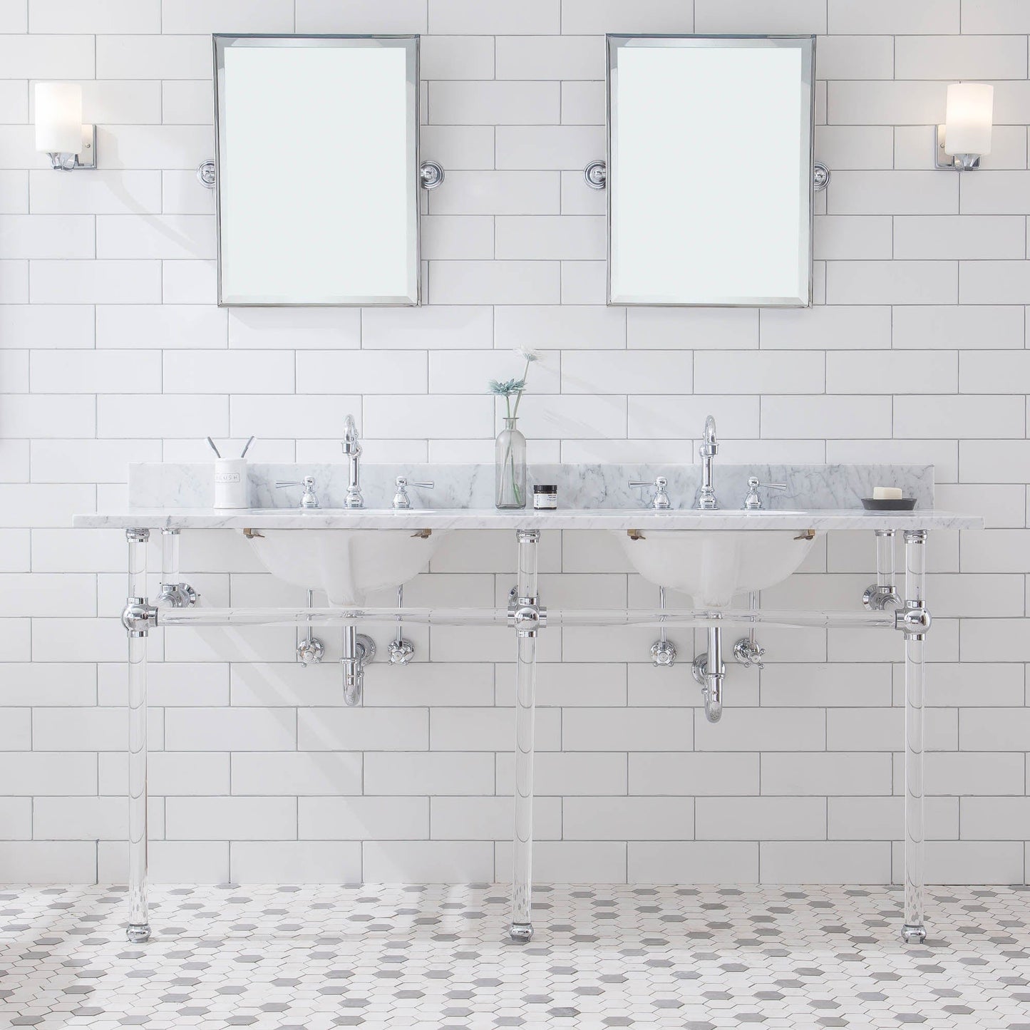Water Creation EP72E-0112 EMPIRE 72"W x 34"H Double Washstand , P-Trap, Countertop with Sink, F2-0012 Faucet and Mirror included, in Chrome Finish