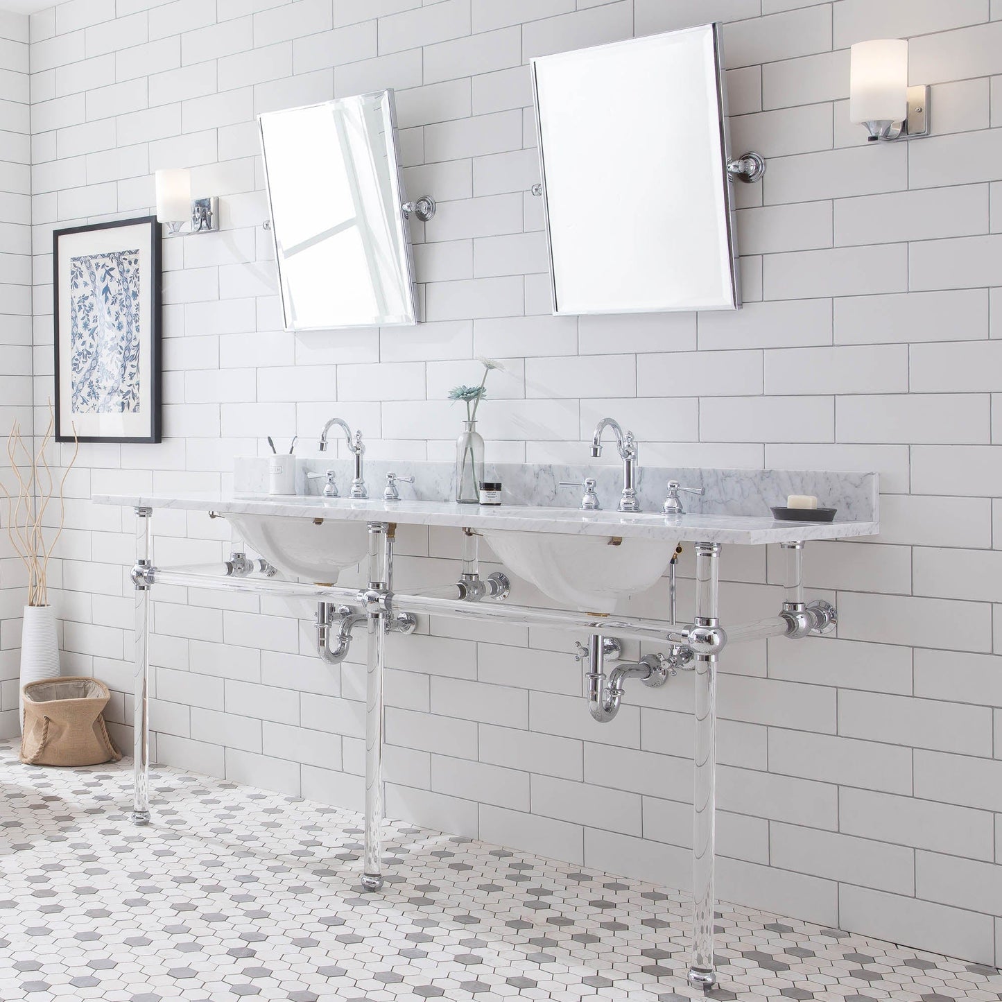 Water Creation EP72E-0112 EMPIRE 72"W x 34"H Double Washstand , P-Trap, Countertop with Sink, F2-0012 Faucet and Mirror included, in Chrome Finish