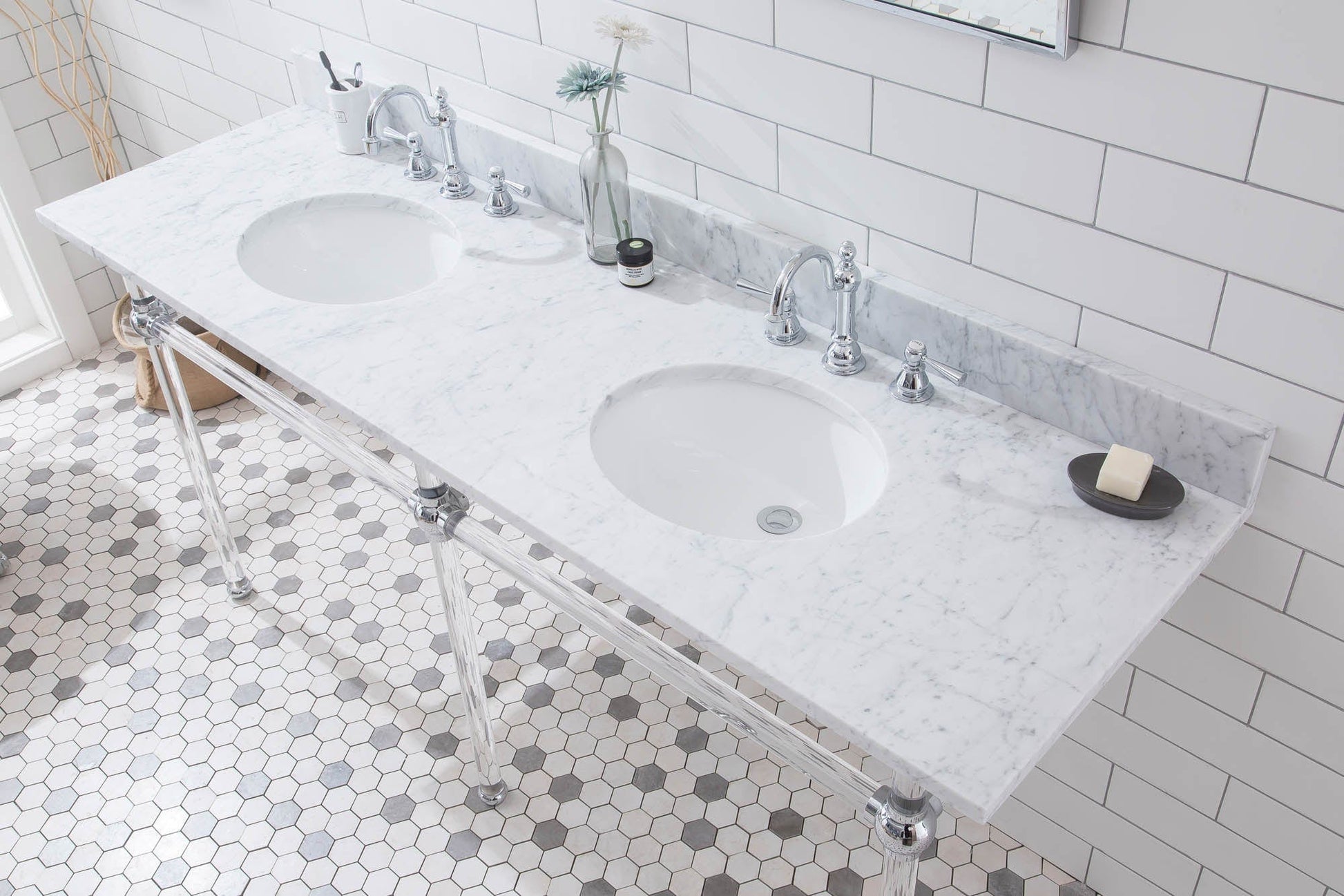 Water Creation EP72E-0112 EMPIRE 72"W x 34"H  Double Washstand , P-Trap, Countertop with Sink, F2-0012 Faucet and Mirror included, in Chrome Finish