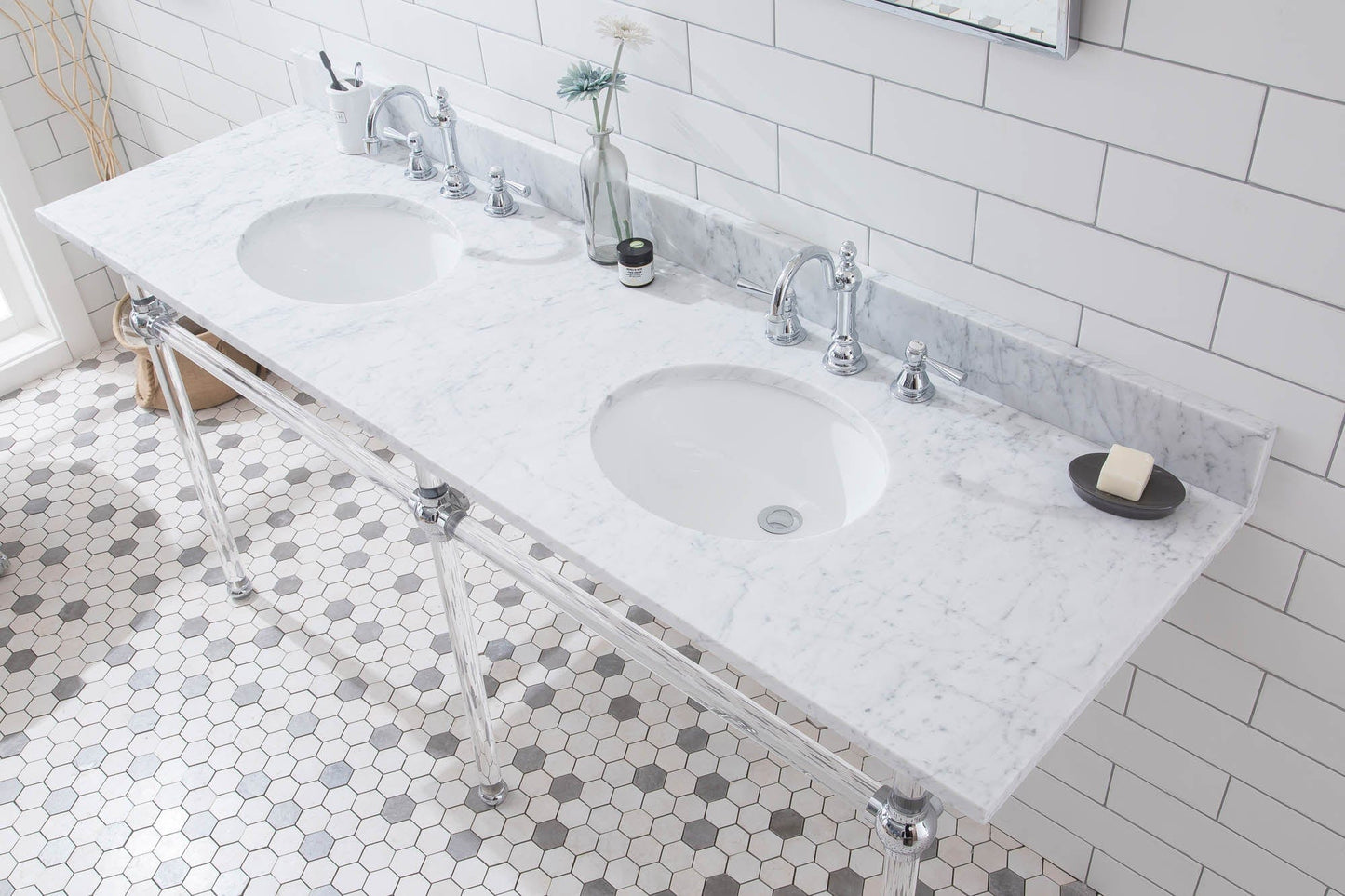 Water Creation EP72E-0112 EMPIRE 72"W x 34"H Double Washstand , P-Trap, Countertop with Sink, F2-0012 Faucet and Mirror included, in Chrome Finish