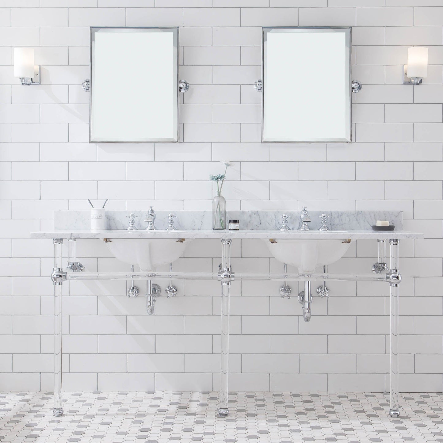 Water Creation EP72E-0113 EMPIRE 72"W x 34"H Double Washstand , P-Trap, Countertop with Sink, F2-0013 Faucet and Mirror included, in Chrome Finish