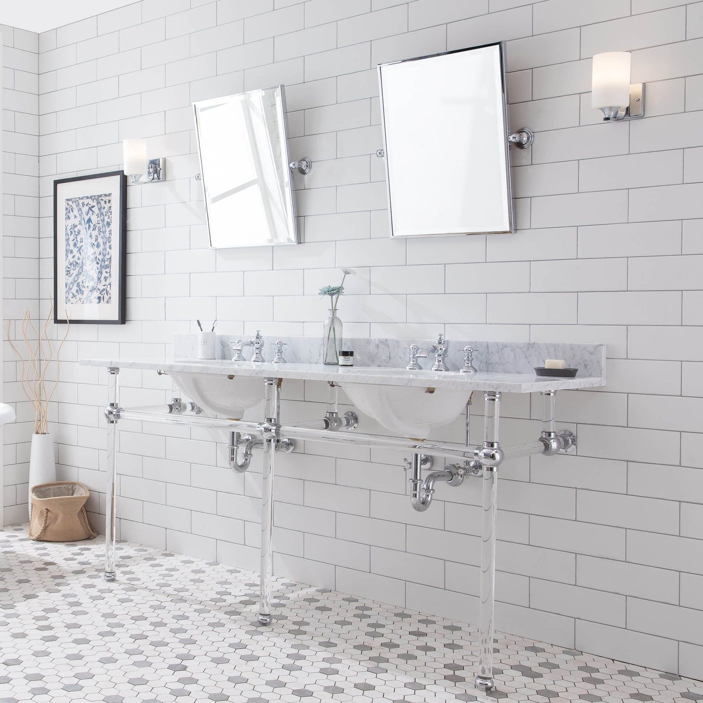 Water Creation EP72E-0113 EMPIRE 72"W x 34"H Double Washstand , P-Trap, Countertop with Sink, F2-0013 Faucet and Mirror included, in Chrome Finish
