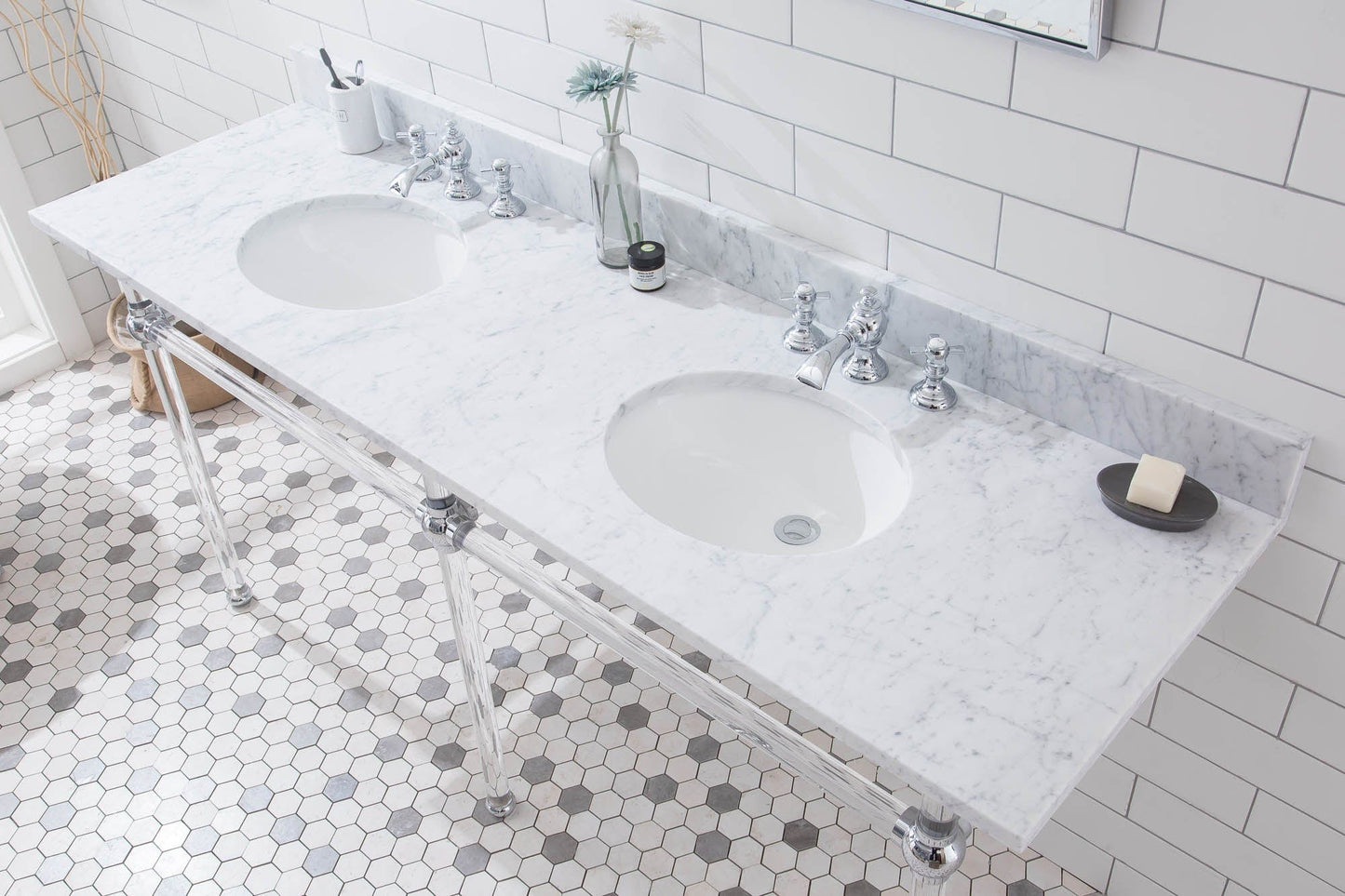 Water Creation EP72E-0113 EMPIRE 72"W x 34"H Double Washstand , P-Trap, Countertop with Sink, F2-0013 Faucet and Mirror included, in Chrome Finish