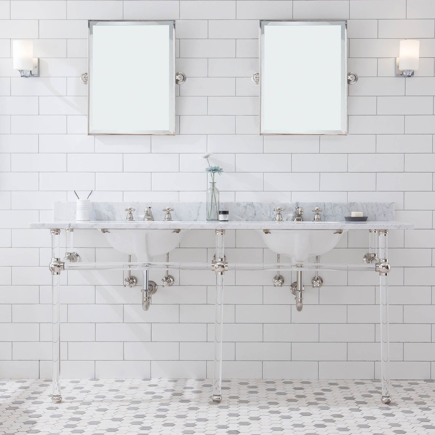 Water Creation EP72E-0509 EMPIRE 72"W x 34"H Double Washstand , P-Trap, Countertop with Sink, F2-0009 Faucet and Mirror included, in Polished Nickel Finish
