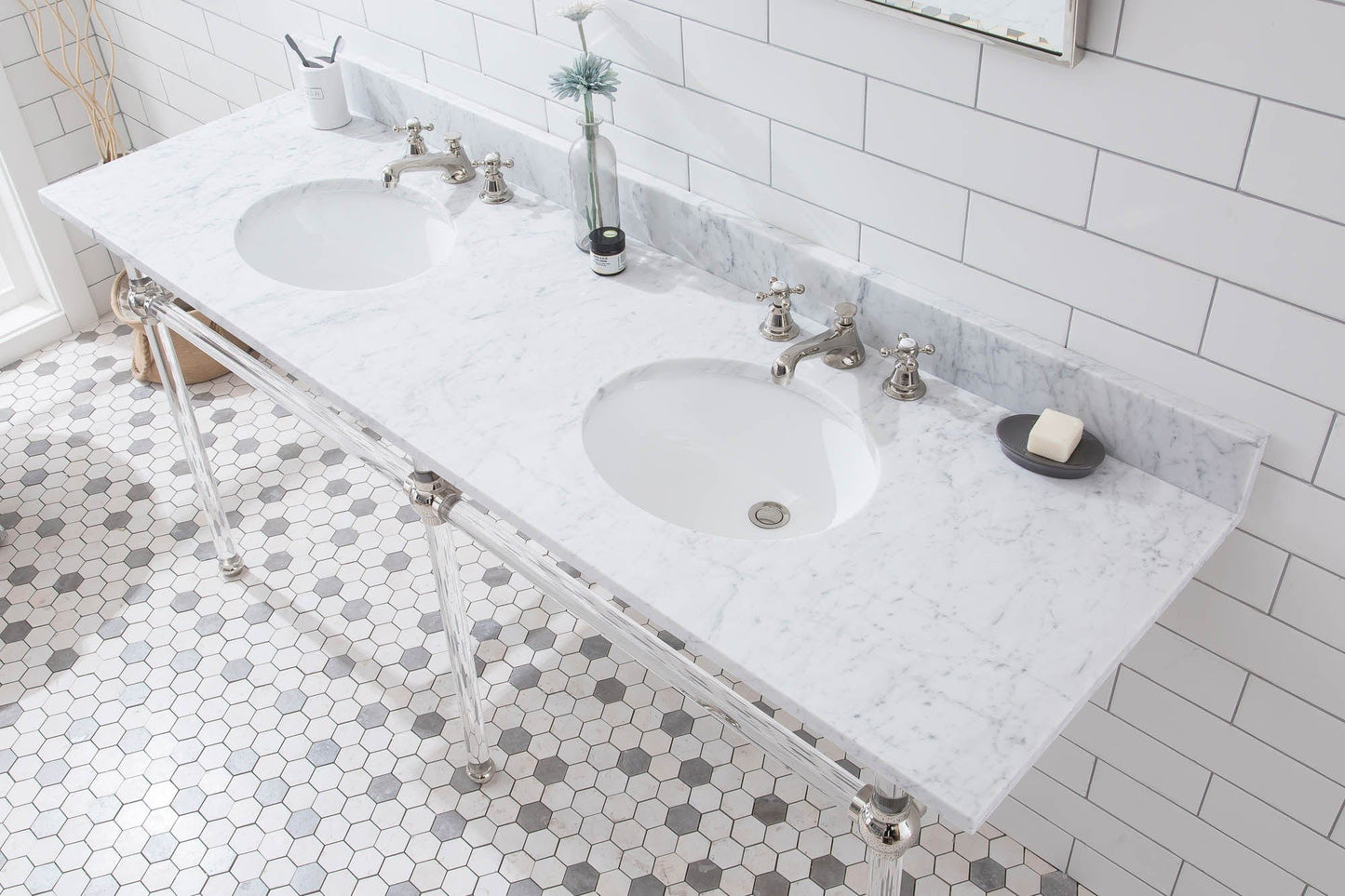 Water Creation EP72E-0509 EMPIRE 72"W x 34"H Double Washstand , P-Trap, Countertop with Sink, F2-0009 Faucet and Mirror included, in Polished Nickel Finish