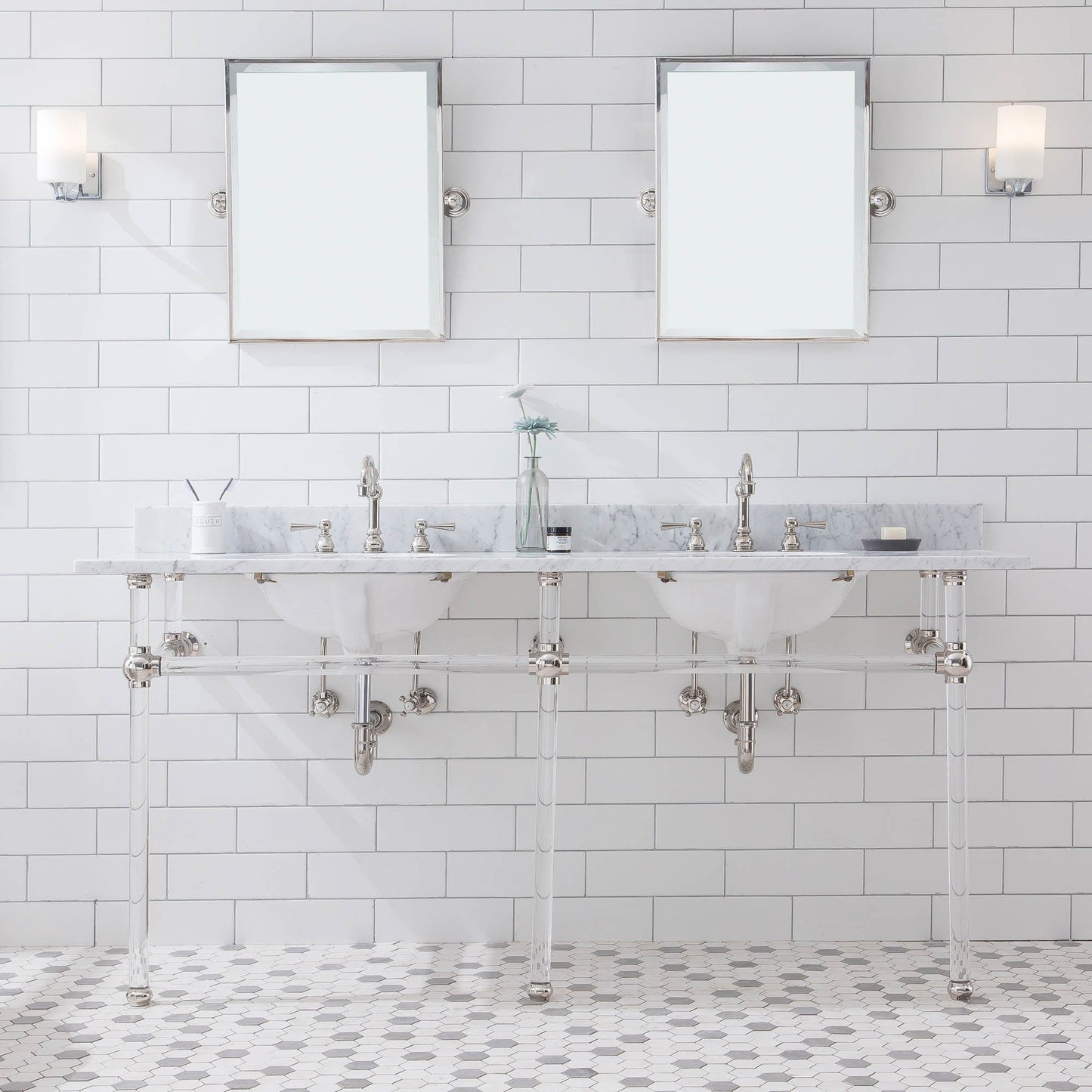 Water Creation EP72E-0512 EMPIRE 72"W x 34"H Double Washstand , P-Trap, Countertop with Sink, F2-0012 Faucet and Mirror included, in Polished Nickel Finish