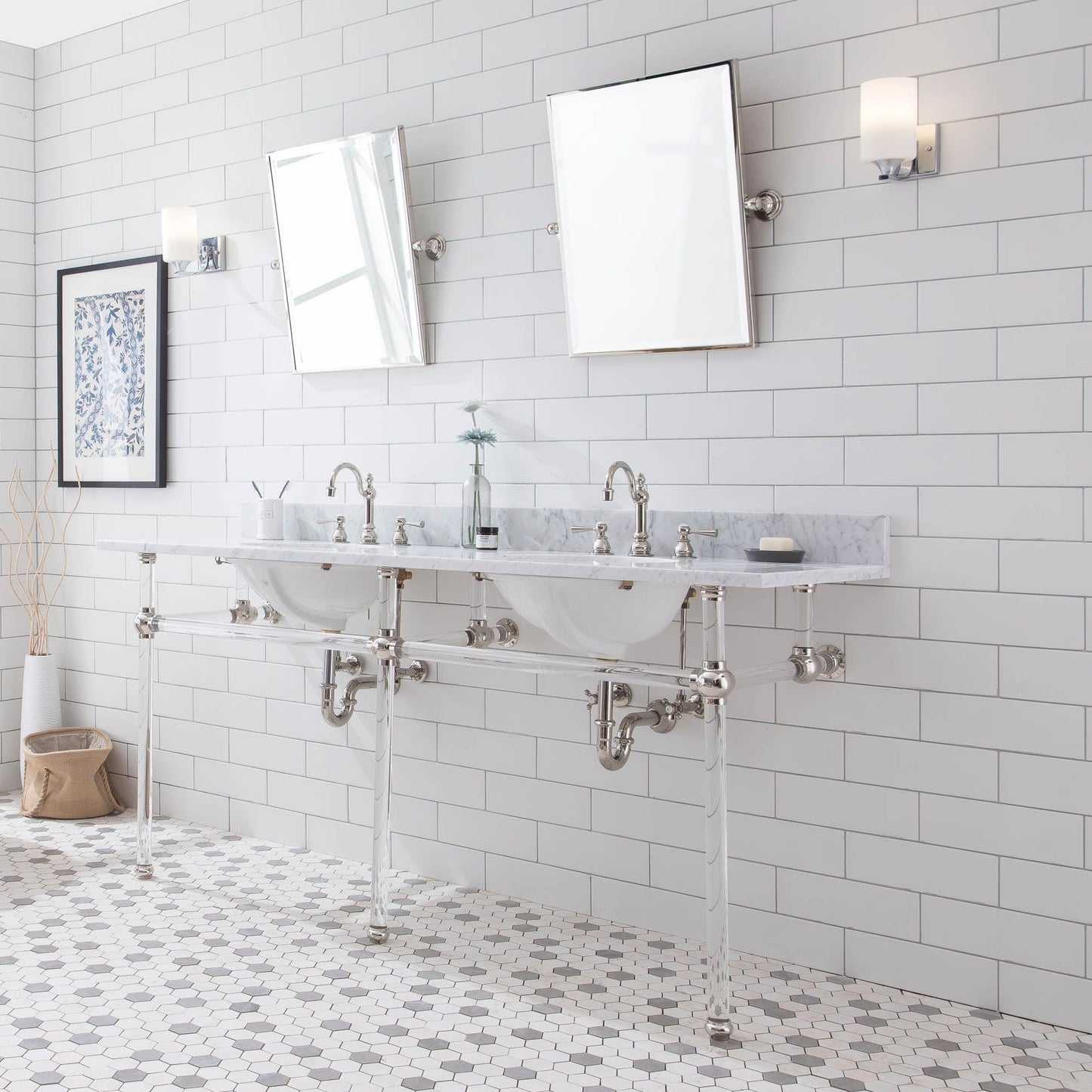 Water Creation EP72E-0512 EMPIRE 72"W x 34"H Double Washstand , P-Trap, Countertop with Sink, F2-0012 Faucet and Mirror included, in Polished Nickel Finish