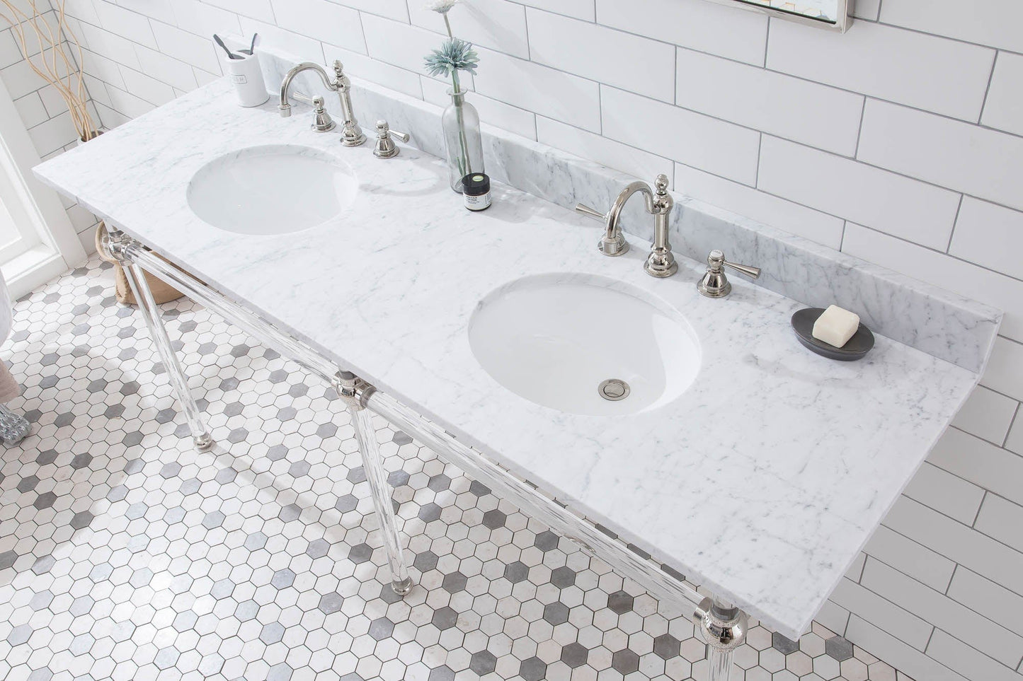Water Creation EP72E-0512 EMPIRE 72"W x 34"H Double Washstand , P-Trap, Countertop with Sink, F2-0012 Faucet and Mirror included, in Polished Nickel Finish