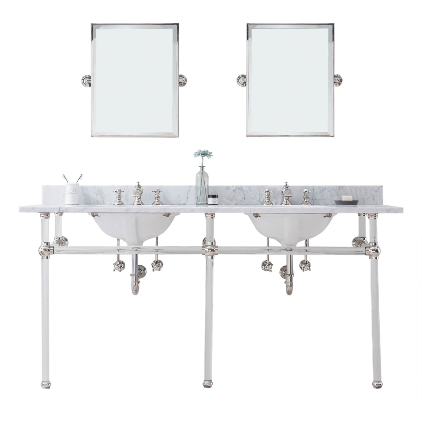 Water Creation EP72E-0513 EMPIRE 72"W x 34"H Double Washstand , P-Trap, Countertop with Sink, F2-0013 Faucet and Mirror included, in Polished Nickel Finish