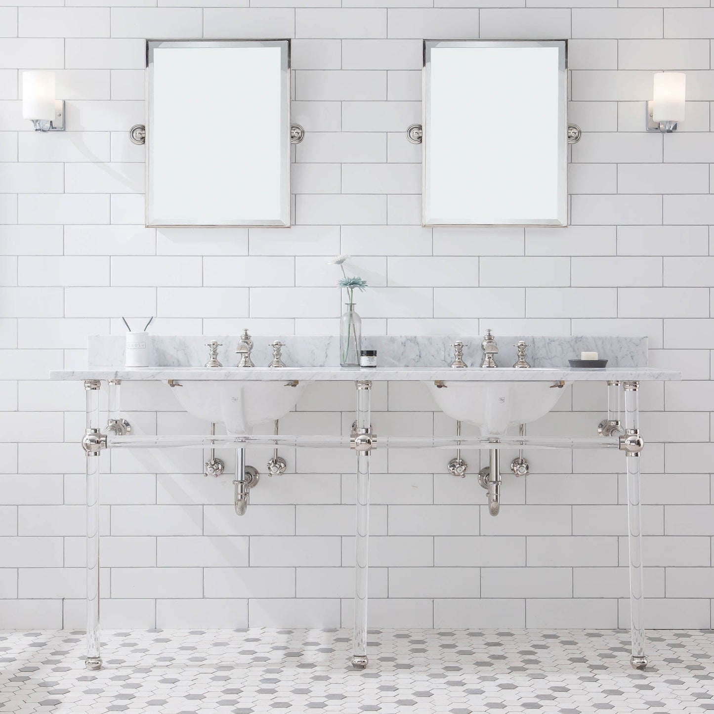 Water Creation EP72E-0513 EMPIRE 72"W x 34"H Double Washstand , P-Trap, Countertop with Sink, F2-0013 Faucet and Mirror included, in Polished Nickel Finish