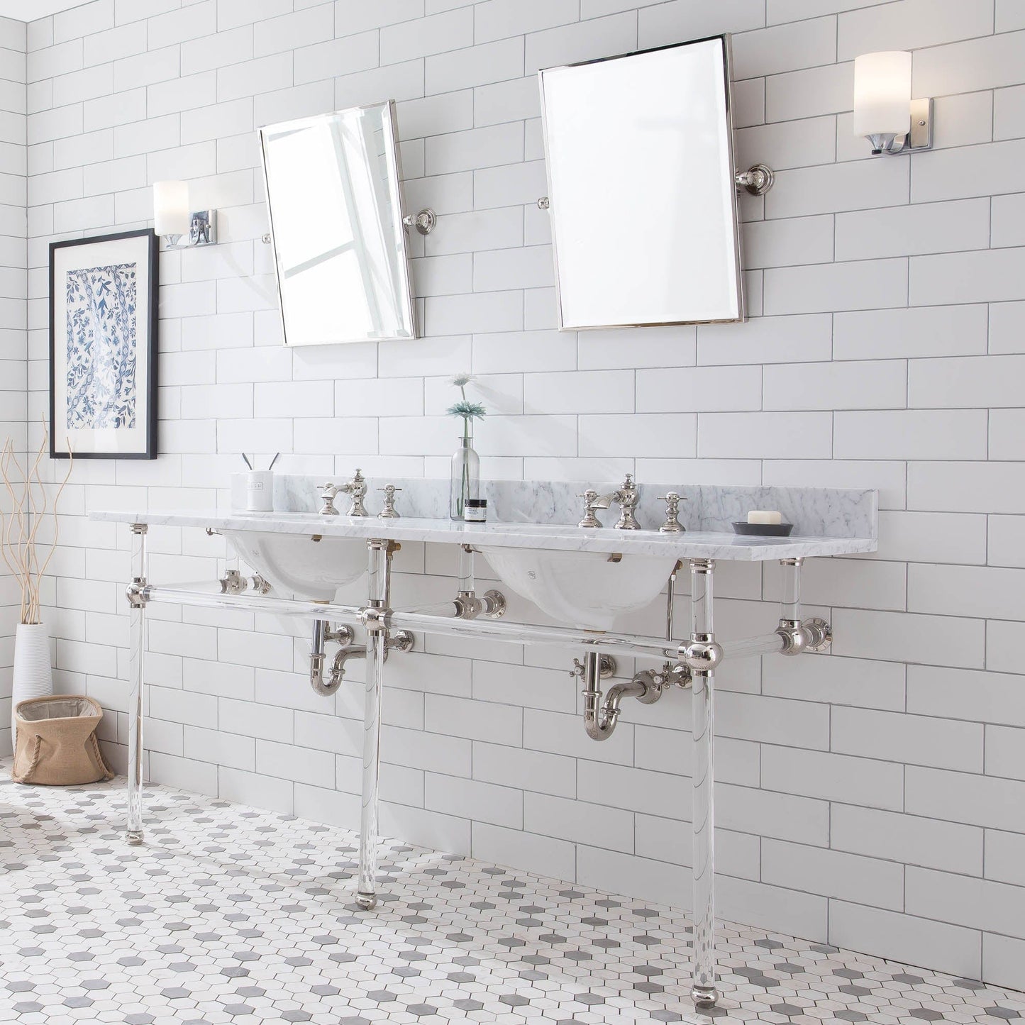 Water Creation EP72E-0513 EMPIRE 72"W x 34"H Double Washstand , P-Trap, Countertop with Sink, F2-0013 Faucet and Mirror included, in Polished Nickel Finish