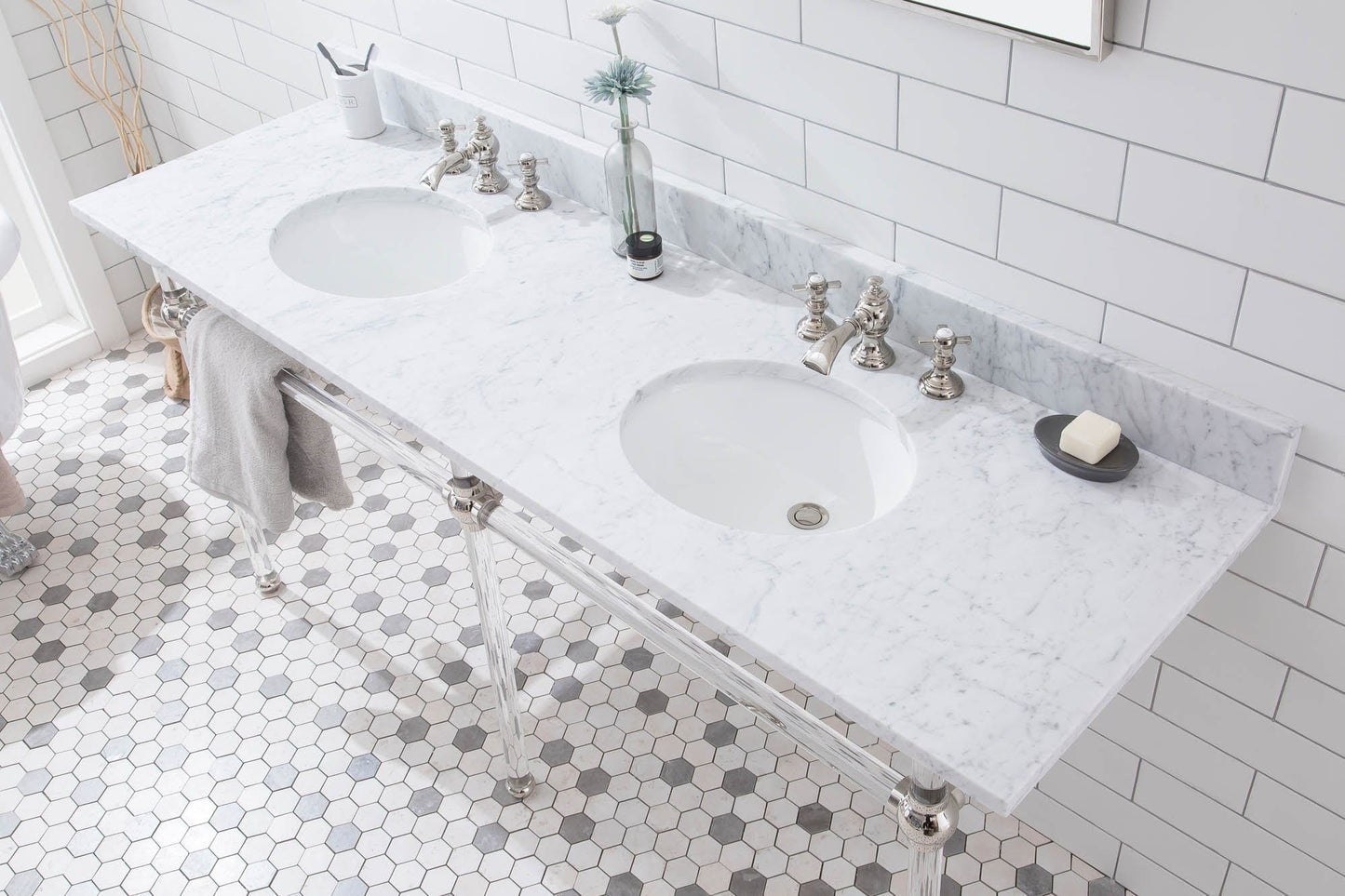 Water Creation EP72E-0513 EMPIRE 72"W x 34"H Double Washstand , P-Trap, Countertop with Sink, F2-0013 Faucet and Mirror included, in Polished Nickel Finish