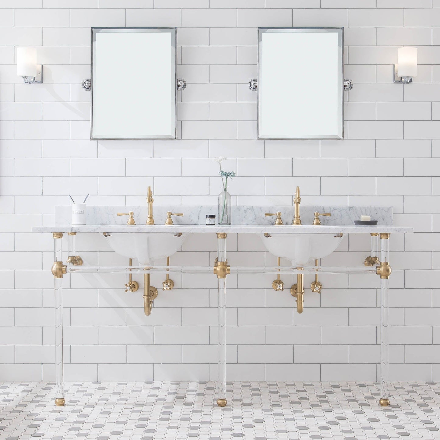 Water Creation EP72E-0612 EMPIRE 72"W x 34"H Double Washstand , P-Trap, Countertop with Sink, F2-0012 Faucet and Mirror included, in Satin Gold Finish