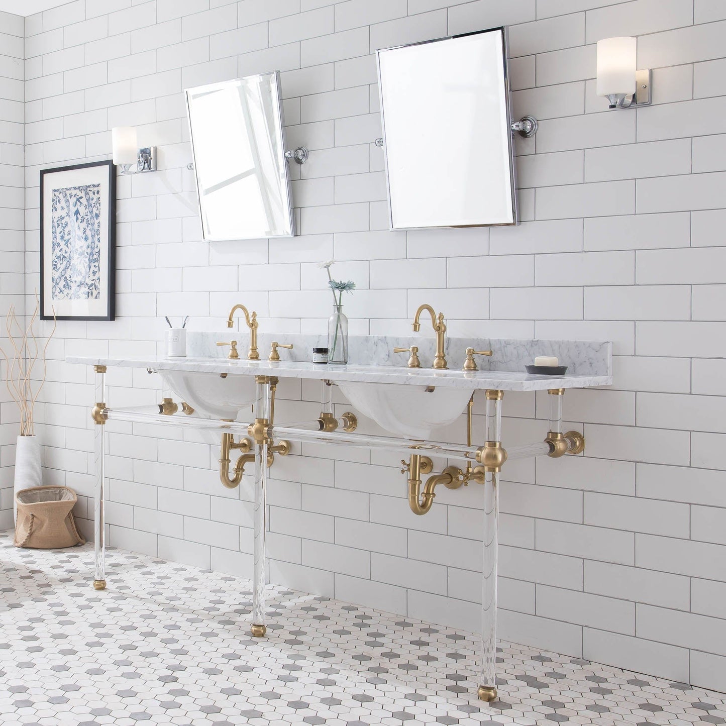 Water Creation EP72E-0612 EMPIRE 72"W x 34"H Double Washstand , P-Trap, Countertop with Sink, F2-0012 Faucet and Mirror included, in Satin Gold Finish