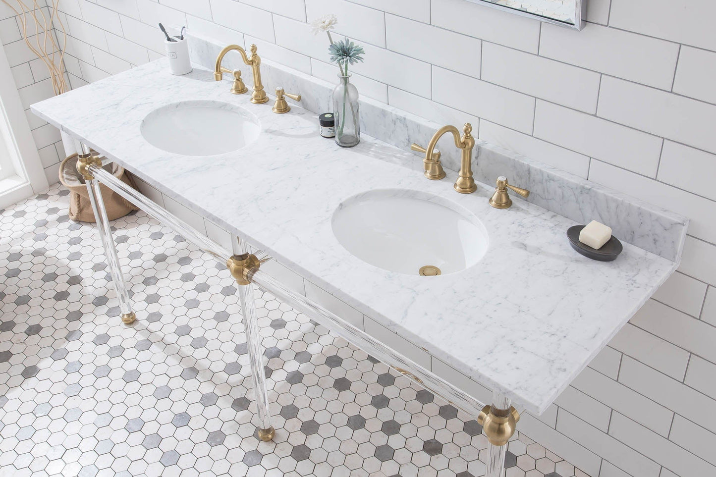 Water Creation EP72E-0612 EMPIRE 72"W x 34"H Double Washstand , P-Trap, Countertop with Sink, F2-0012 Faucet and Mirror included, in Satin Gold Finish