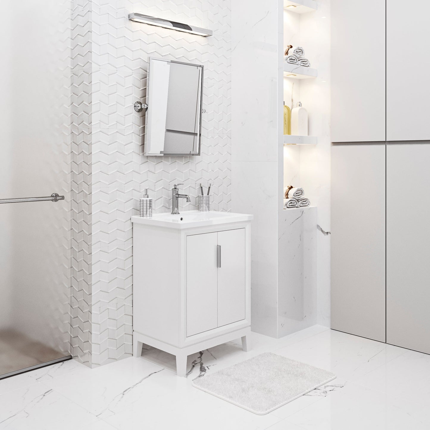 Water Creation ES24CR01PW-000NH0101 ELISE 24.5"W x 34.5"H Pure White Integrated Ceramic Sink Vanity + Modern Single Faucet