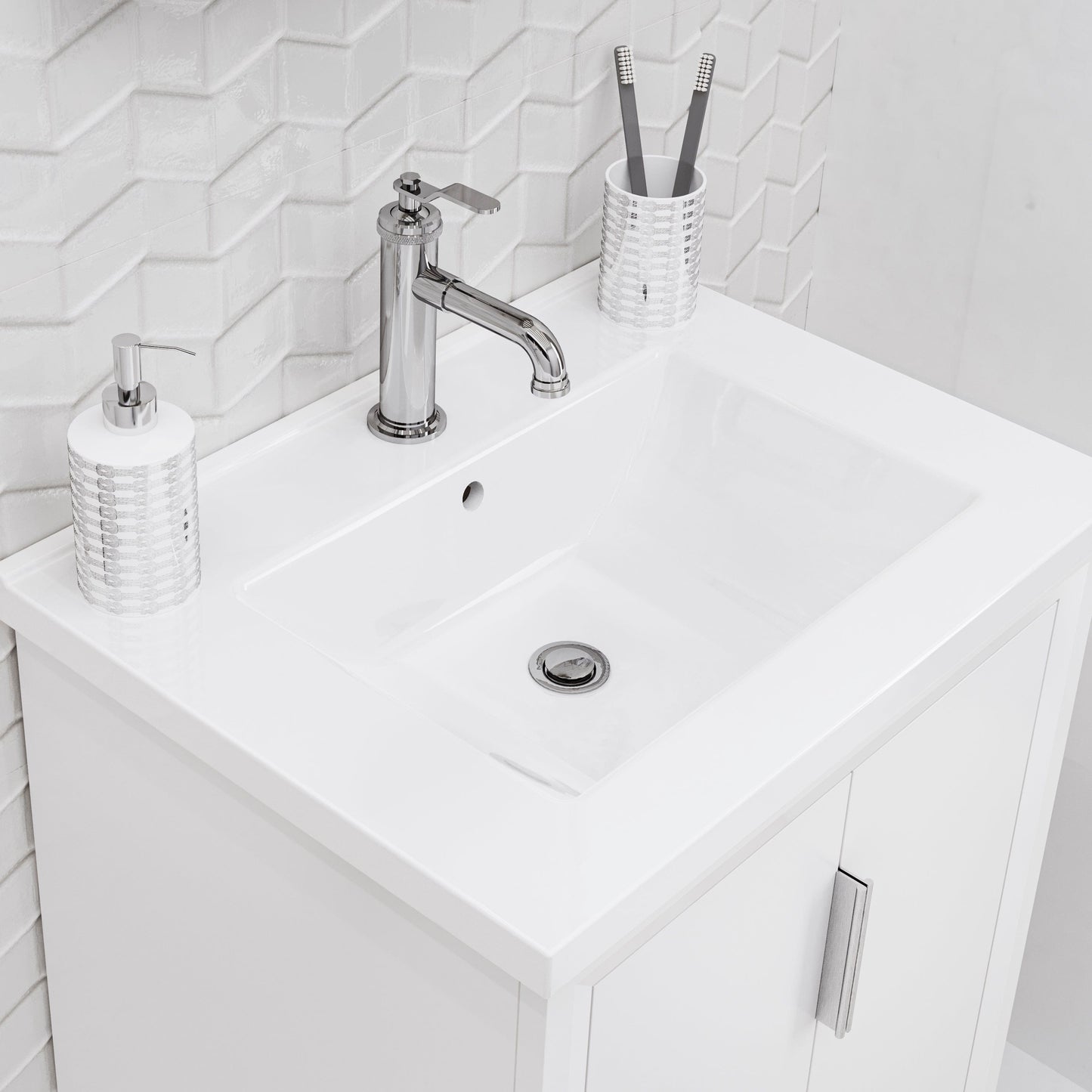 Water Creation ES24CR01PW-000NH0101 ELISE 24.5"W x 34.5"H Pure White Integrated Ceramic Sink Vanity + Modern Single Faucet