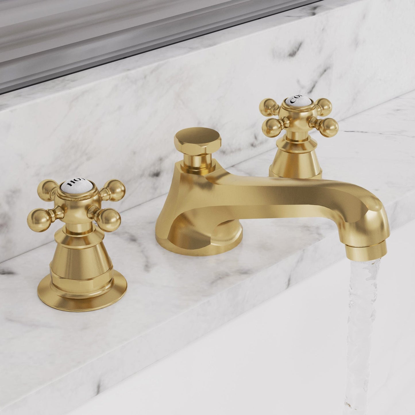 Water Creation F2-0009-06-BX American 20th Century Classic Widespread Bathroom F2-0009 Faucets With Pop-Up Drain in Satin Gold Finish, With Metal Cross Handles, Hot And Cold Labels Included