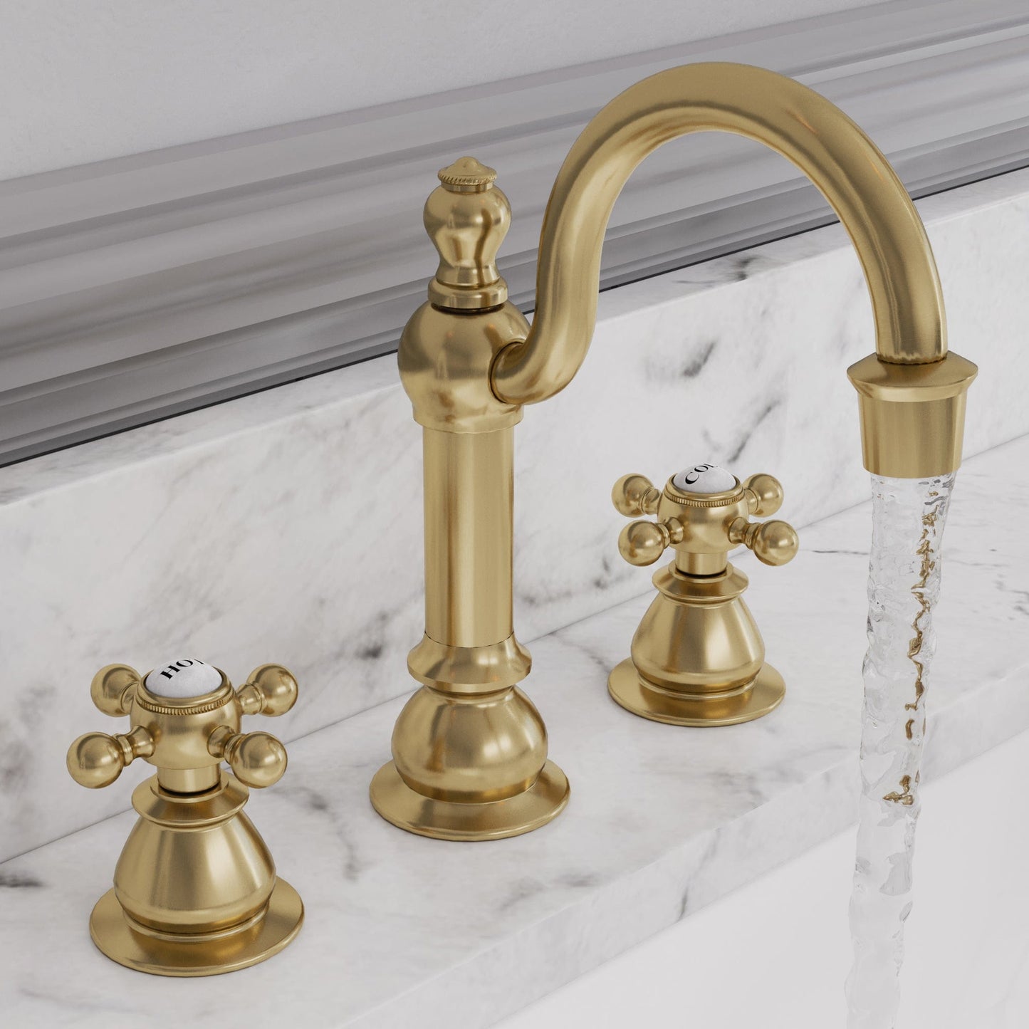 Water Creation F2-0012-06-BX American 20th Century Classic Widespread Bathroom F2-0012 Faucets With Pop-Up Drain in Satin Gold Finish, With Metal Lever Handles, Hot And Cold Labels Included