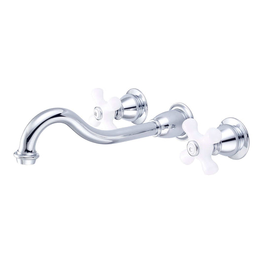 Water Creation F4-0001-01-PX Elegant Spout Wall Mount Vessel Bathroom Faucets in Chrome Finish, With Porcelain Cross Handles, Hot And Cold Labels Included