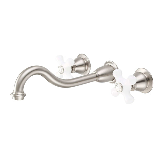Water Creation F4-0001-02-PX Elegant Spout Wall Mount Vessel Bathroom Faucets in Brushed Nickel Finish, With Porcelain Cross Handles, Hot And Cold Labels Included