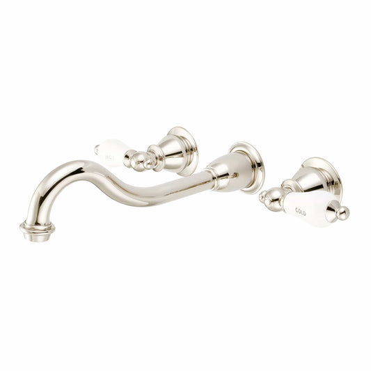 Water Creation F4-0001-05-CL Elegant Spout Wall Mount Vessel Bathroom Faucets in Polished Nickel Finish, With Porcelain Lever Handles, Hot And Cold Labels Included