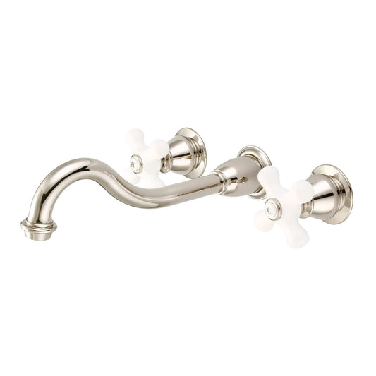 Water Creation F4-0001-05-PX Elegant Spout Wall Mount Vessel Bathroom Faucets in Polished Nickel Finish, With Porcelain Cross Handles, Hot And Cold Labels Included