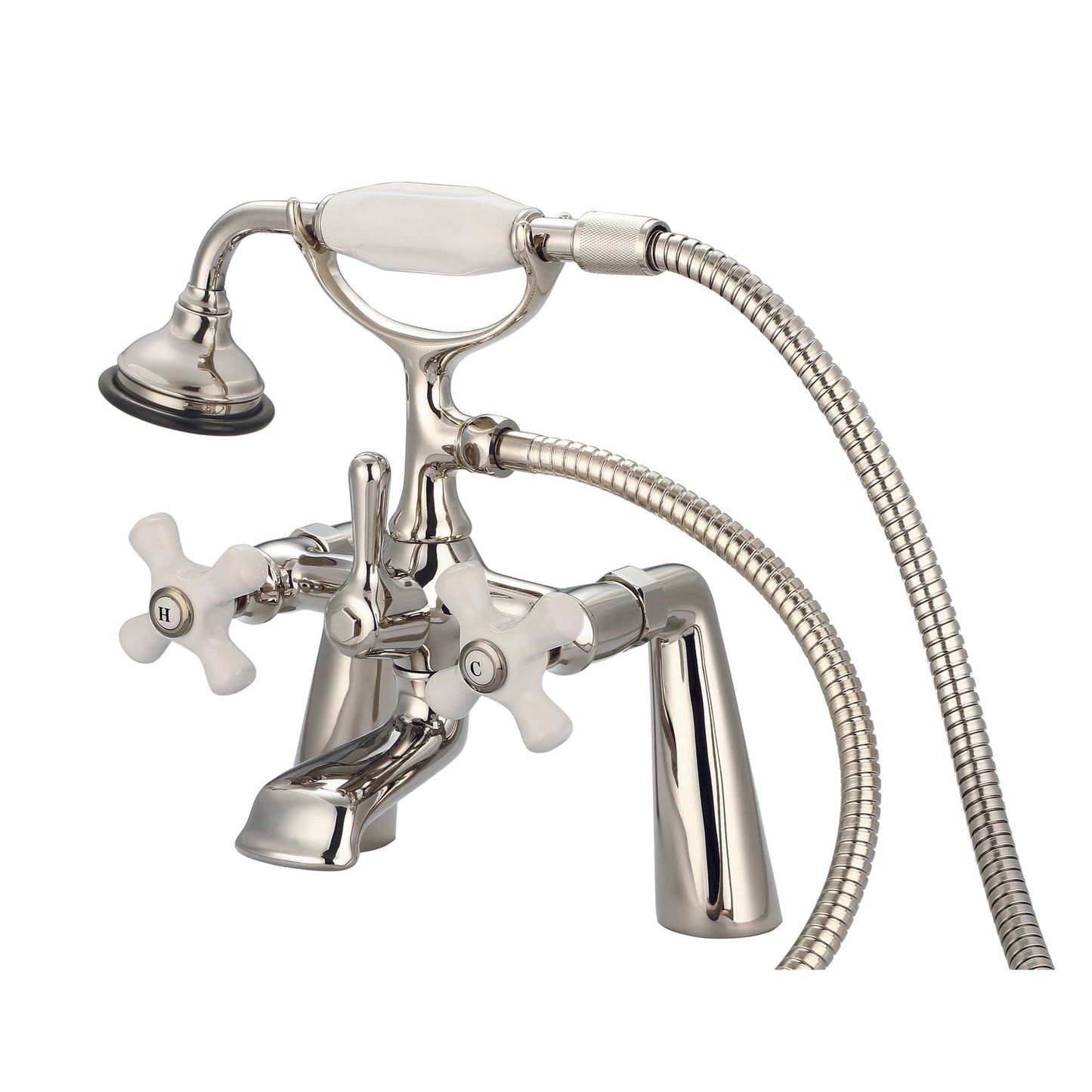 Water Creation F6-0003-05-PX Vintage Classic 7" Spread Deck Mount Tub Faucet With Handheld Shower in Polished Nickel Finish, With Porcelain Cross Handles, Hot And Cold Labels Included
