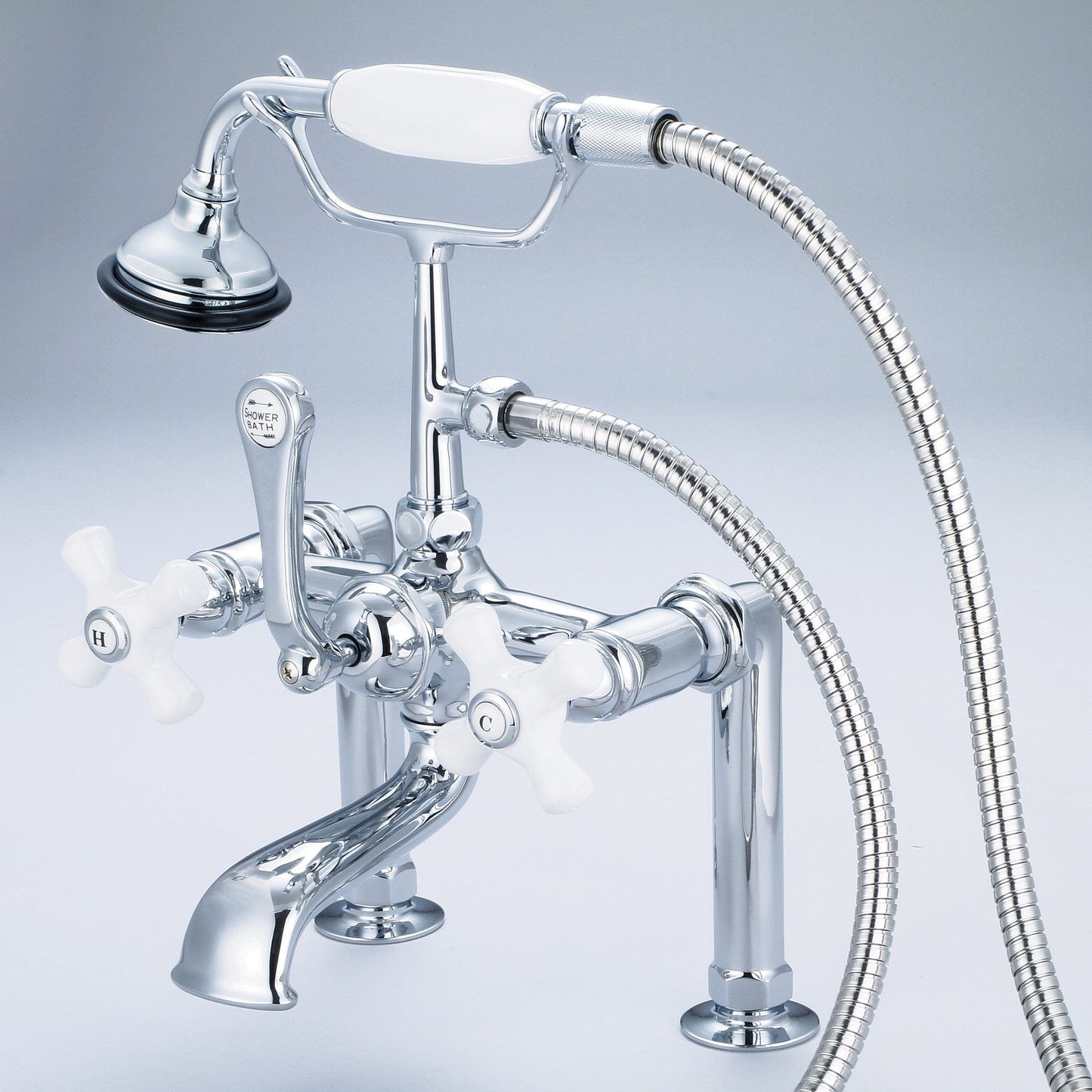 Water Creation F6-0006-01-PX Vintage Classic 7" Spread Deck Mount Tub Faucet With 6" Risers & Handheld Shower in Chrome Finish, With Porcelain Cross Handles, Hot And Cold Labels Included