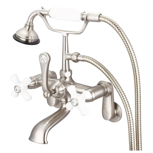 Water Creation F6-0009-02-PX Vintage Classic Adjustable Center Wall Mount Tub Faucet With Swivel Wall Connector & Handheld Shower in Brushed Nickel Finish, With Porcelain Cross Handles, Hot And Cold Labels Included