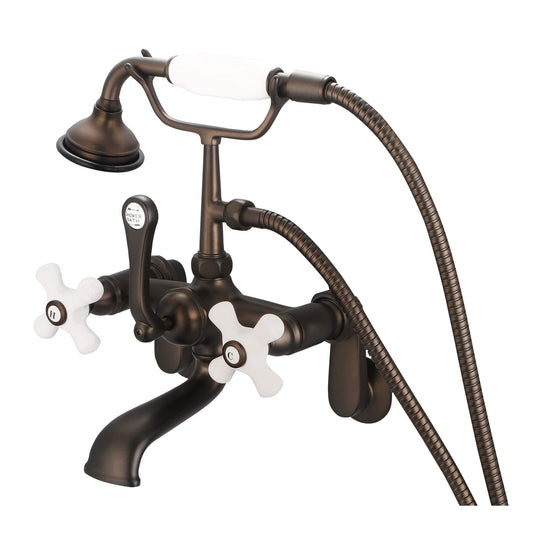Water Creation F6-0009-03-PX Vintage Classic Adjustable Center Wall Mount Tub Faucet With Swivel Wall Connector & Handheld Shower in Oil Rubbed Bronze Finish, With Porcelain Cross Handles, Hot And Cold Labels Included