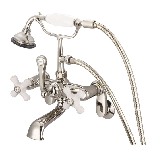 Water Creation F6-0009-05-PX Vintage Classic Adjustable Center Wall Mount Tub Faucet With Swivel Wall Connector & Handheld Shower in Polished Nickel Finish, With Porcelain Cross Handles, Hot And Cold Labels Included