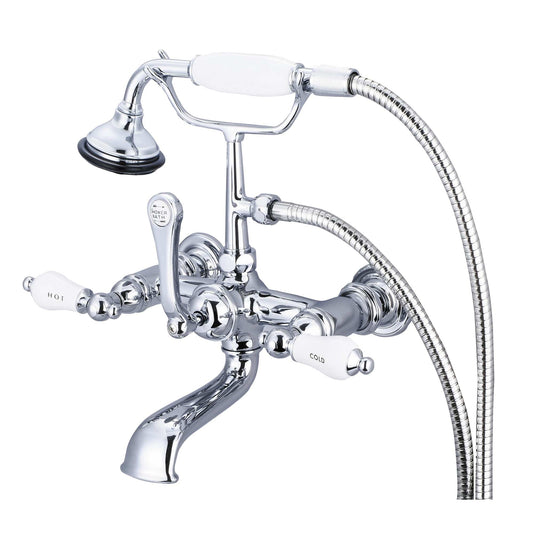Water Creation F6-0010-01-CL Vintage Classic 7" Spread Wall Mount Tub Faucet With Straight Wall Connector & Handheld Shower in Chrome Finish, With Porcelain Lever Handles, Hot And Cold Labels Included