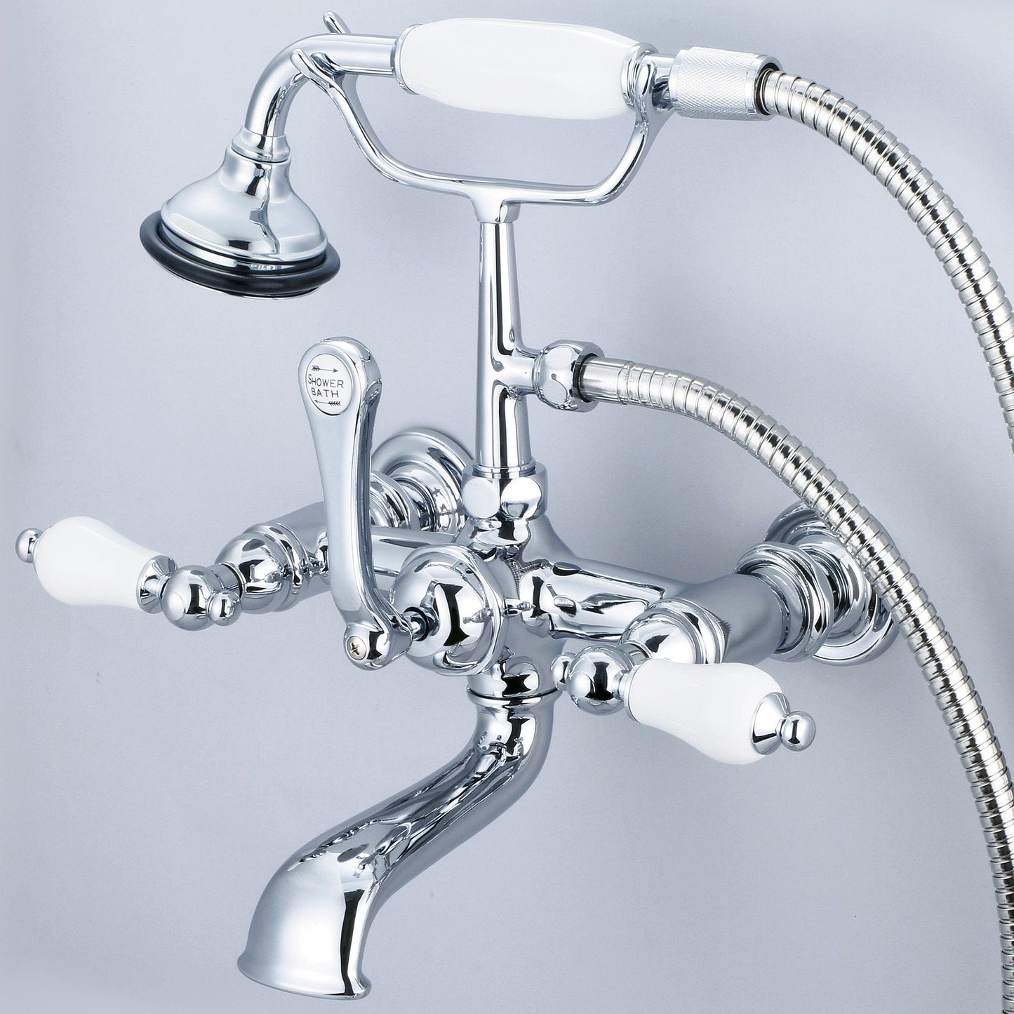 Water Creation F6-0010-01-PL Vintage Classic 7" Spread Wall Mount Tub Faucet With Straight Wall Connector & Handheld Shower in Chrome Finish, With Porcelain Lever Handles Without labels