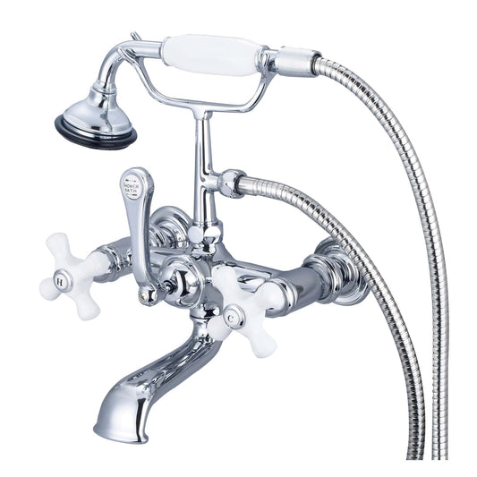 Water Creation F6-0010-01-PX Vintage Classic 7" Spread Wall Mount Tub Faucet With Straight Wall Connector & Handheld Shower in Chrome Finish, With Porcelain Cross Handles, Hot And Cold Labels Included