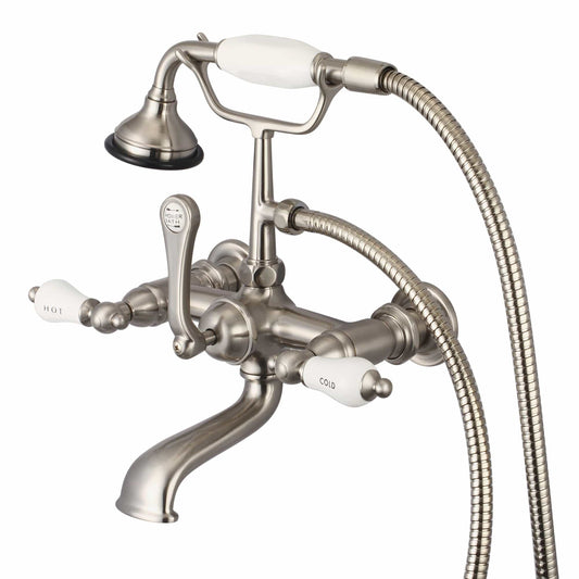 Water Creation F6-0010-02-CL Vintage Classic 7" Spread Wall Mount Tub Faucet With Straight Wall Connector & Handheld Shower in Brushed Nickel Finish, With Porcelain Lever Handles, Hot And Cold Labels Included