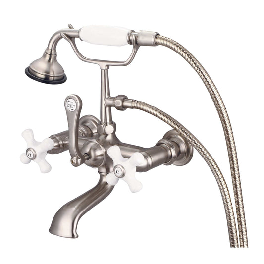 Water Creation F6-0010-02-PX Vintage Classic 7" Spread Wall Mount Tub Faucet With Straight Wall Connector & Handheld Shower in Brushed Nickel Finish, With Porcelain Cross Handles, Hot And Cold Labels Included