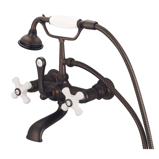 Water Creation F6-0010-03-PX Vintage Classic 7" Spread Wall Mount Tub Faucet With Straight Wall Connector & Handheld Shower in Oil Rubbed Bronze Finish, With Porcelain Cross Handles, Hot And Cold Labels Included