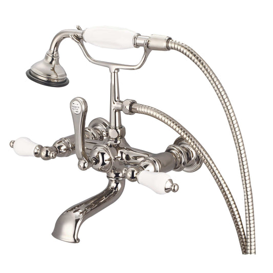 Water Creation F6-0010-05-PL Vintage Classic 7" Spread Wall Mount Tub Faucet With Straight Wall Connector & Handheld Shower in Polished Nickel Finish, With Porcelain Lever Handles Without labels