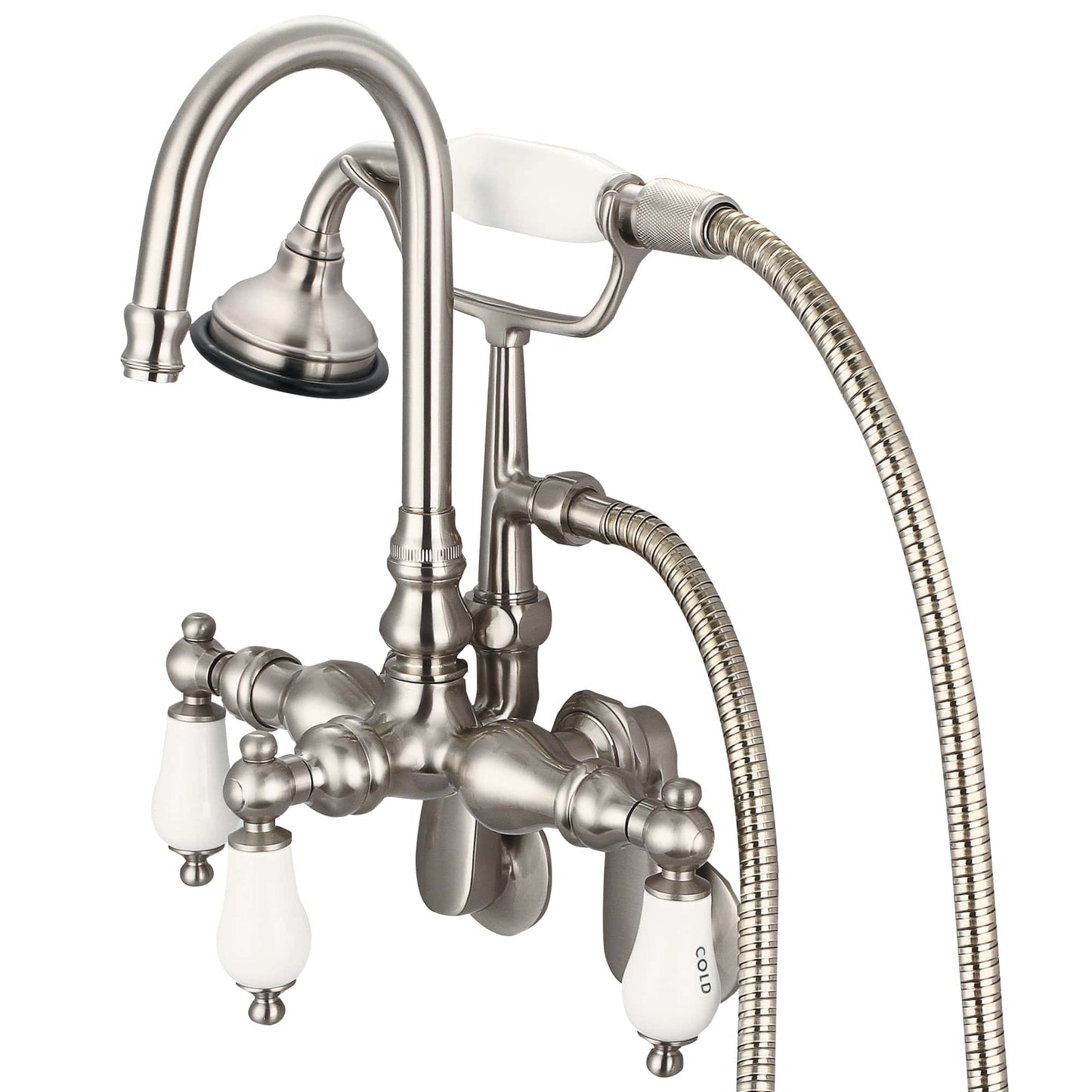 Water Creation F6-0011-02-CL Vintage Classic Adjustable Spread Wall Mount Tub Faucet With Gooseneck Spout, Swivel Wall Connector & Handheld Shower in Brushed Nickel Finish, With Porcelain Lever Handles, Hot And Cold Labels Included